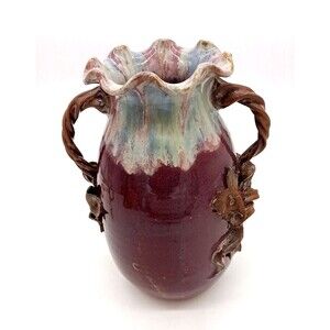 Potternot Pottery Purple Blue Swirl Glazed 9.5" Vase Twisted Grape Vine Handles